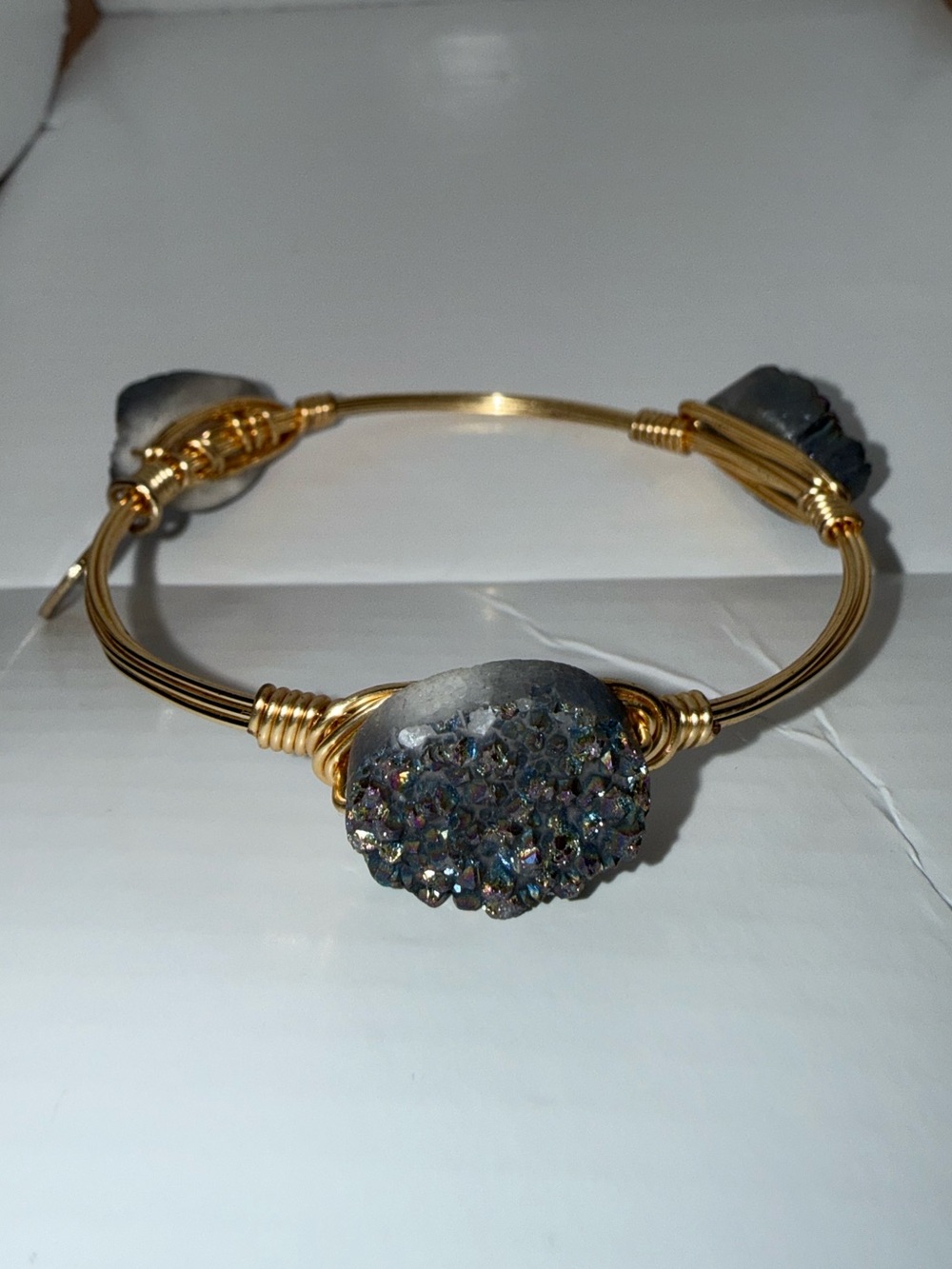 ** 2/$15 Bourbon & Bowties Gray Druzy Gold Wire Wrap Cuff Bangle Bracelet